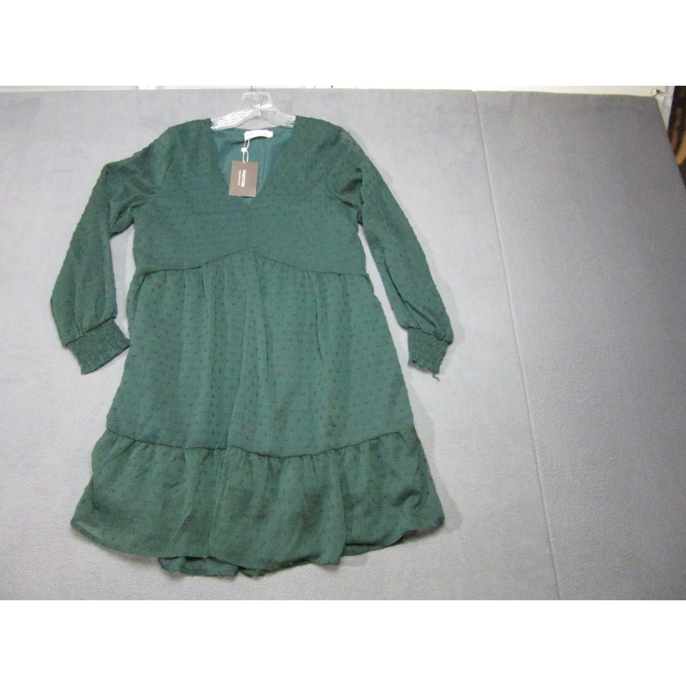 FAMITION Babydoll Dress Womens Small Green New Swiss Dot Long Sleeve V-Neck